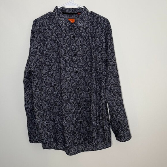 Tallia Button Up Long Sleeve Black All Over Print Shirt Mens‎  XL17.5" Neck - Picture 1 of 5